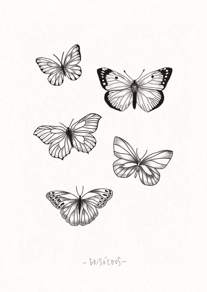 Plantilla en la que se muestran distintas opciones de tatuajes de mariposas hechas a mano
