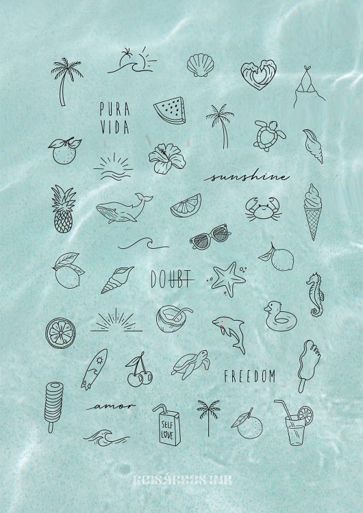 Dibujos de verano sobre fondo azul acuático.