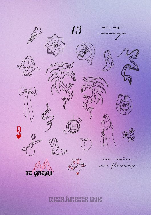 Dibujos variados en fondo degradado violeta.