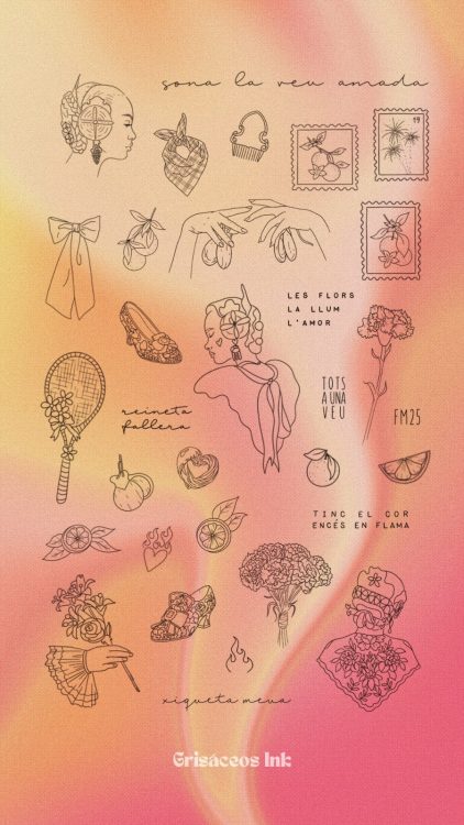 Ilustraciones diversas sobre fondo degradado naranja y rosa.