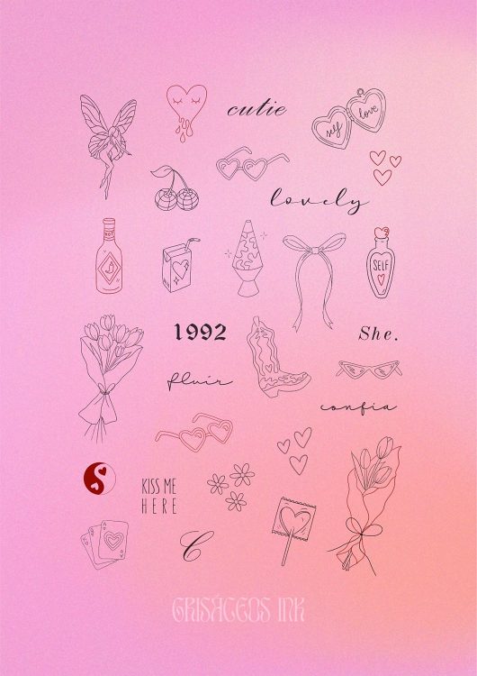 Dibujos románticos y palabras sobre fondo rosado.