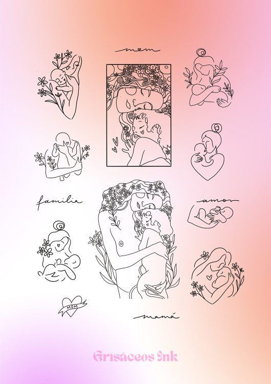 Ilustraciones de madres y bebés en línea continua.