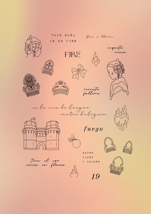 Ilustraciones de peinados falleros, fuego y castillo.