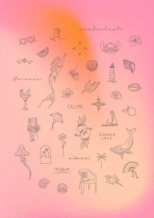 Dibujos de verano, naturaleza y libertad en fondo rosa.