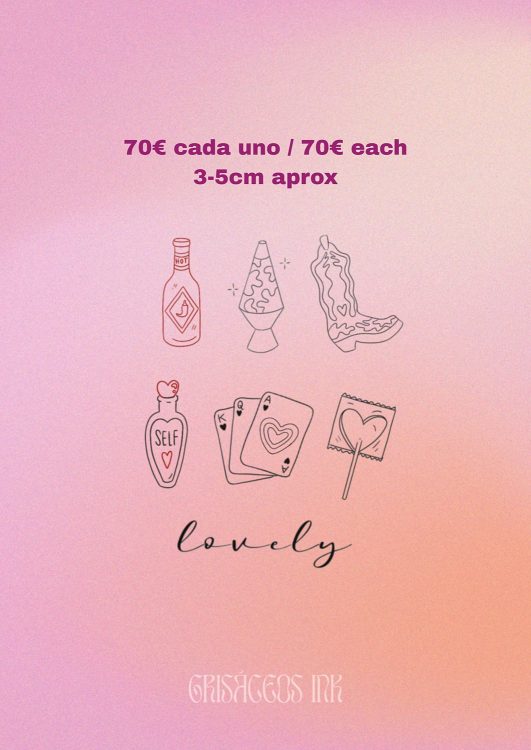 Tattoo designs: bottle, lamp, boot, cards, lollipop.