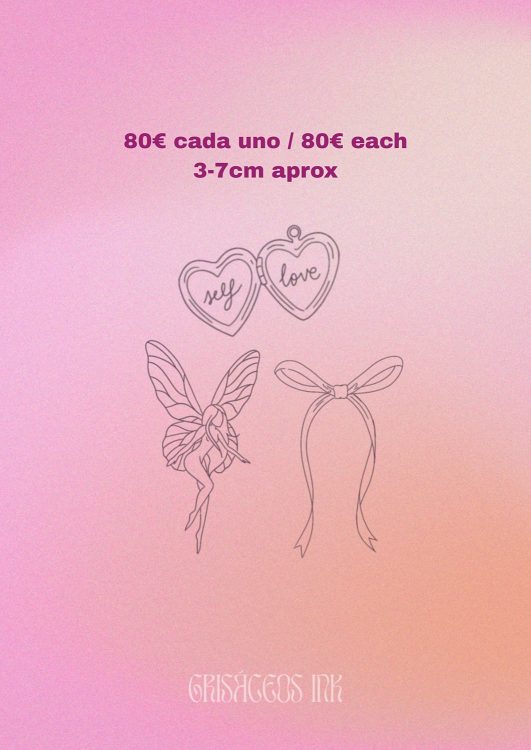 Tattoo designs: locket, fairy, ribbon, 80€ each.