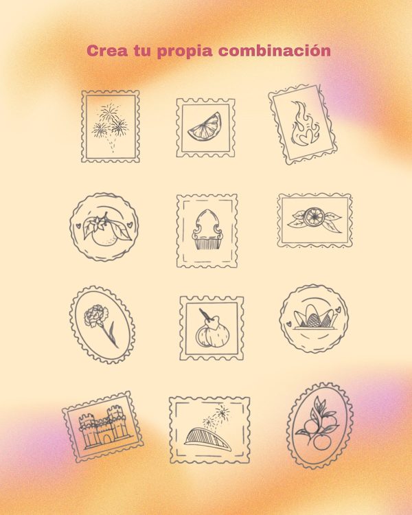 Sellos con iconos de Valencia y gastronomía.