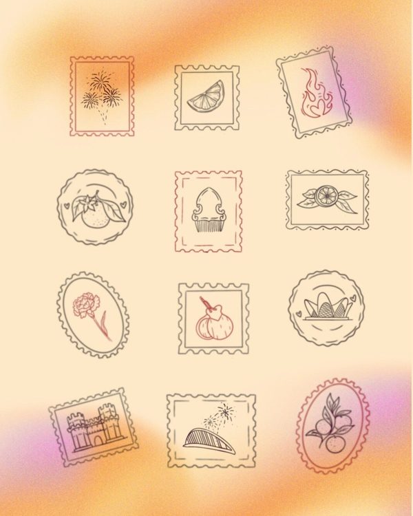 Dibujos de símbolos variados en fondo beige.