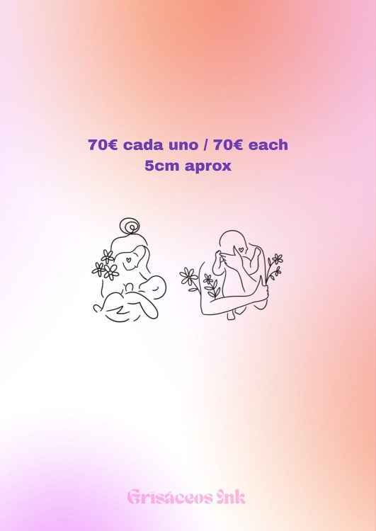 Ilustraciones minimalistas con flores, precio y medidas.