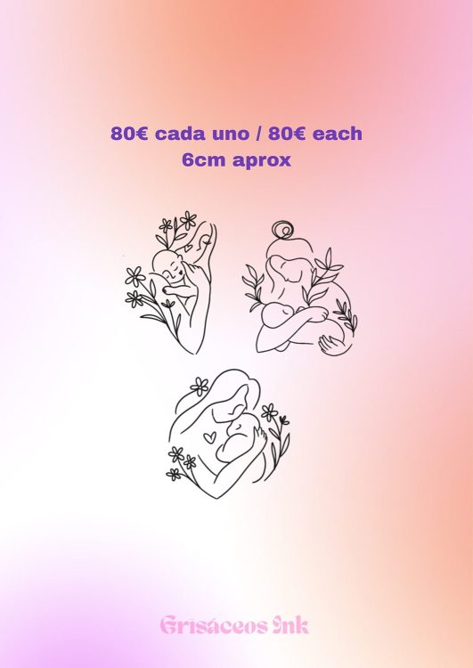 Dibujos minimalistas de madres con flores y bebés.