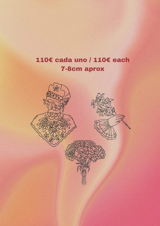 Dibujos florales y texto sobre precio en fondo degradado.