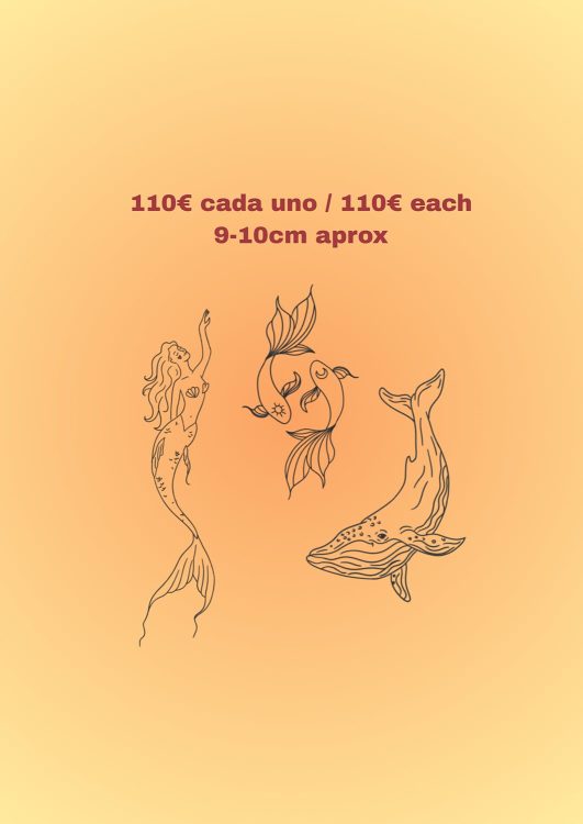 Dibujos de sirena, peces y ballena en naranja.