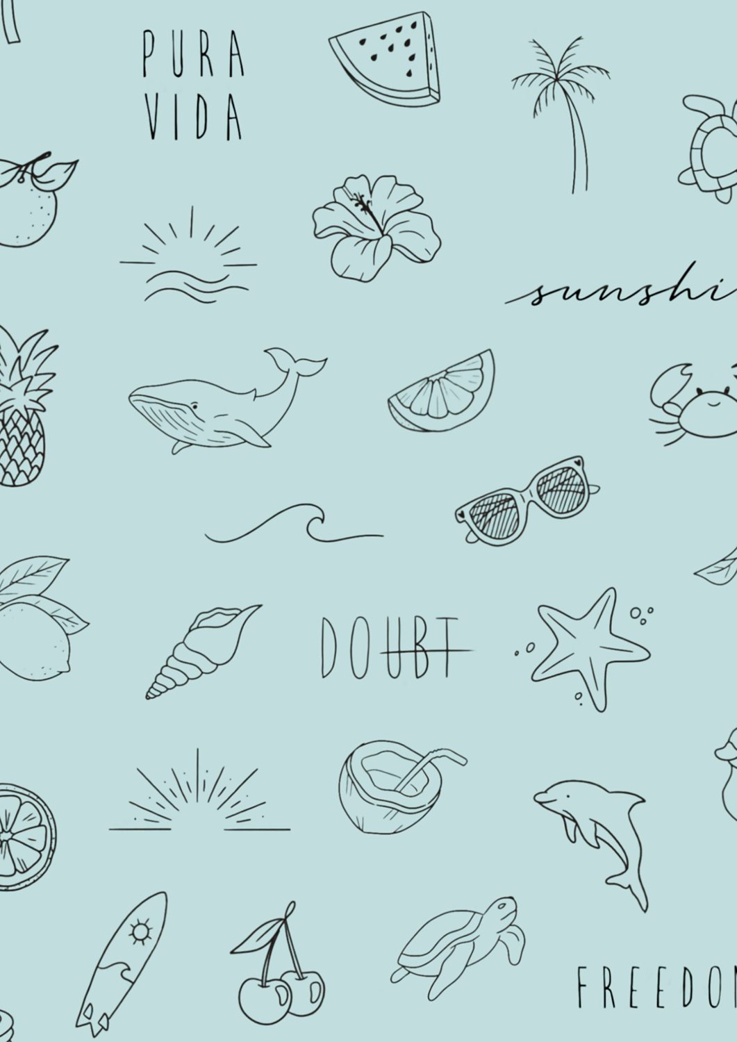 Dibujos veraniegos: palmeras, frutas, animales y sol.