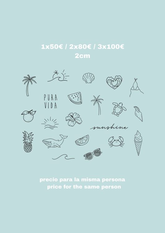 Tatuajes temporales de verano con precios en euros.