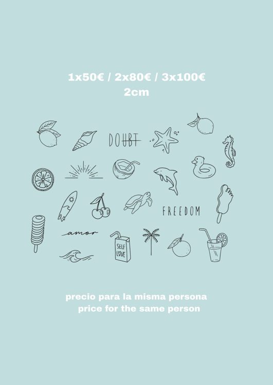 Diseños veraniegos, precios de tatuajes 1x50€, 2x80€, 3x100€.