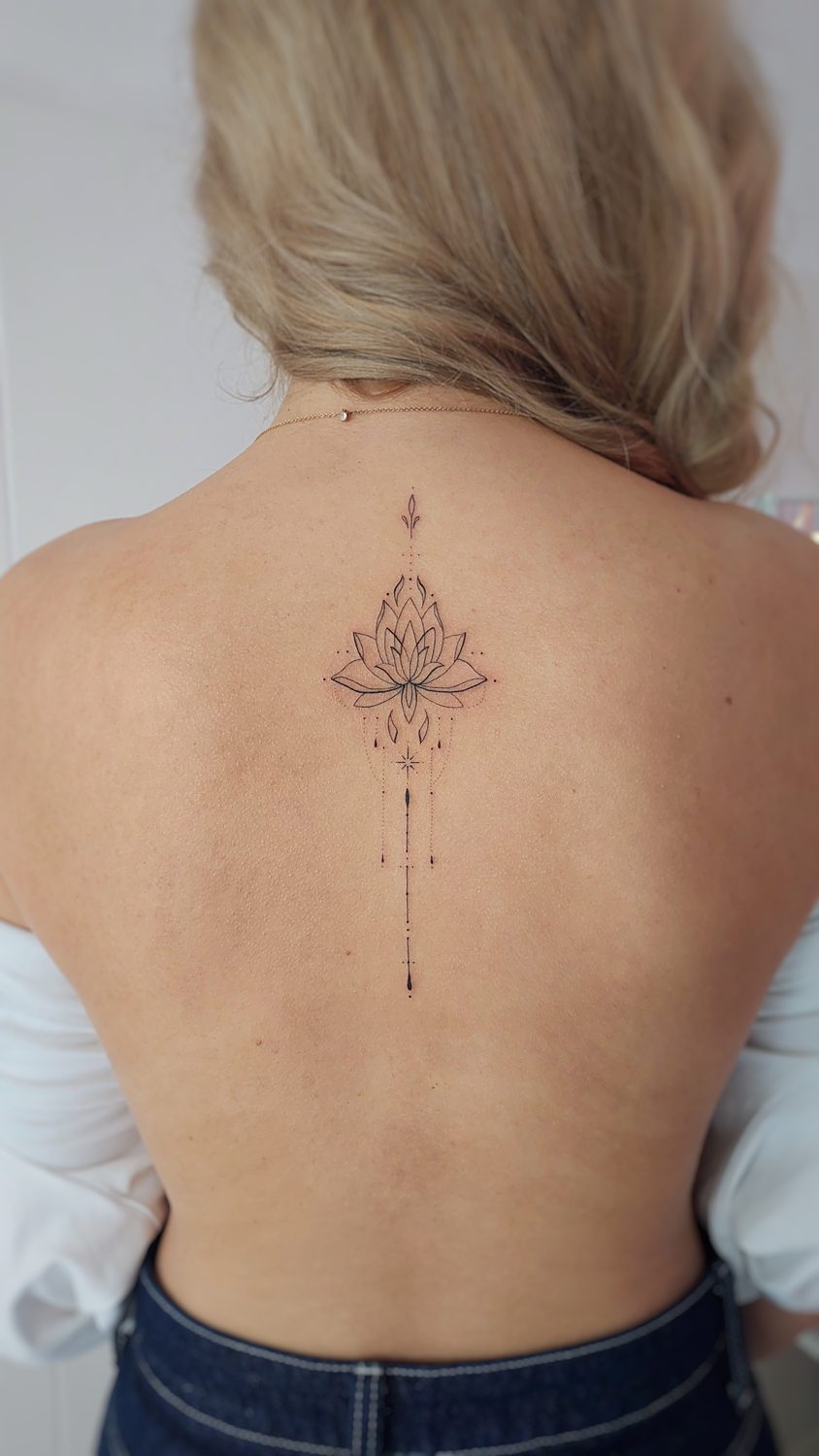 Tatuaje de flor de loto con decoración en espalda de mujer