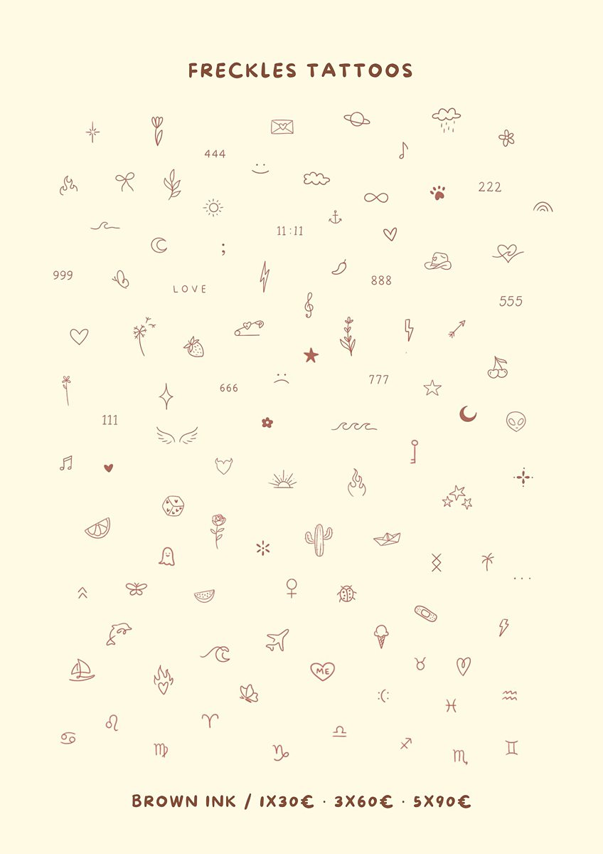 Collection of fine line freckle tattoos including symbols, numbers, and zodiac signs.